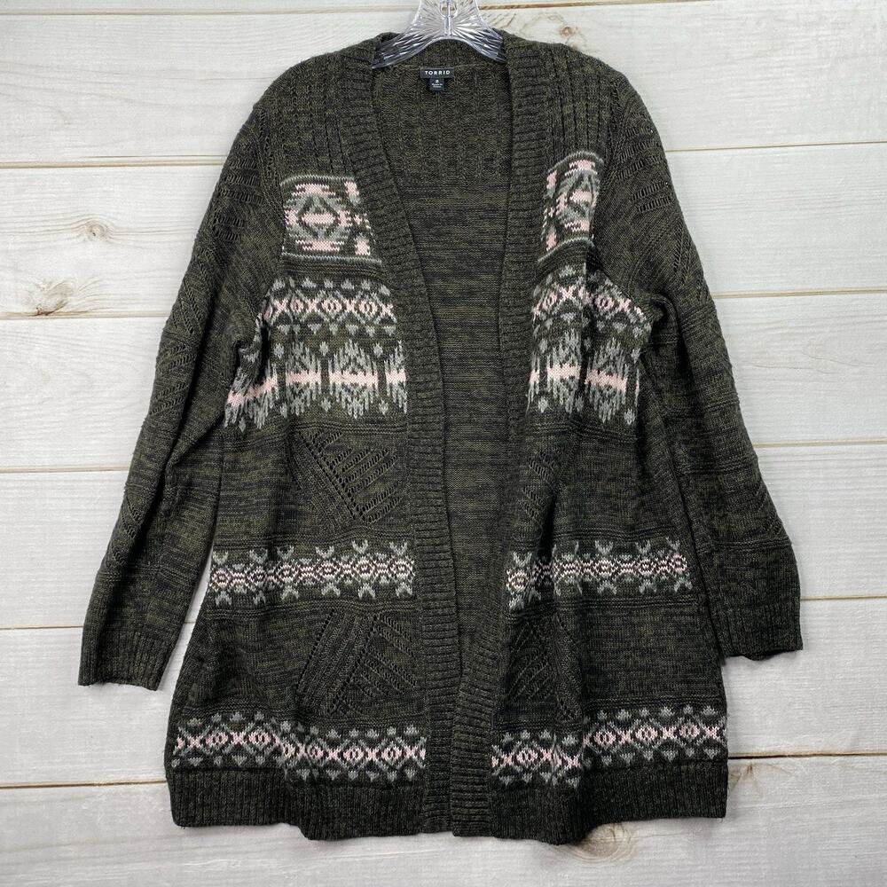 Torrid Cardigan Sweater Sz 2X Green Open Front Longline Nordic Fair Isle Pockets